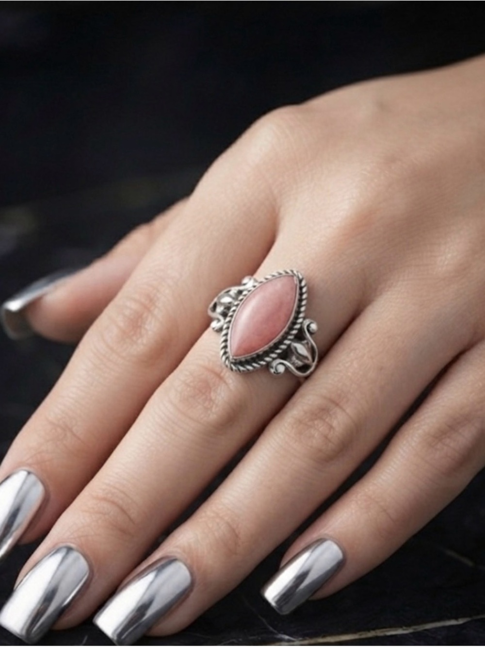 Sterling Silver Marquise Pink Jade Ring